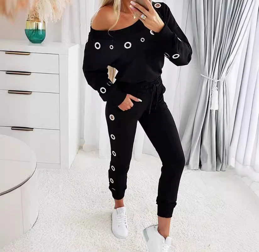 

Womens Two Peice Sets 2024 Summer Fashion Skew Neck Long Sleeve Eyelet Top & Casual Long Pants Set Slim Woman Clothes Outfits