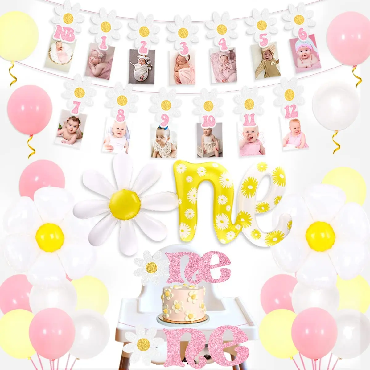 

JOYMEMO Daisy 1st Birthday Decorations Groovy Daisy Photo Banner One Cake Topper Flower Balloons Girls Boho First Birthday Party