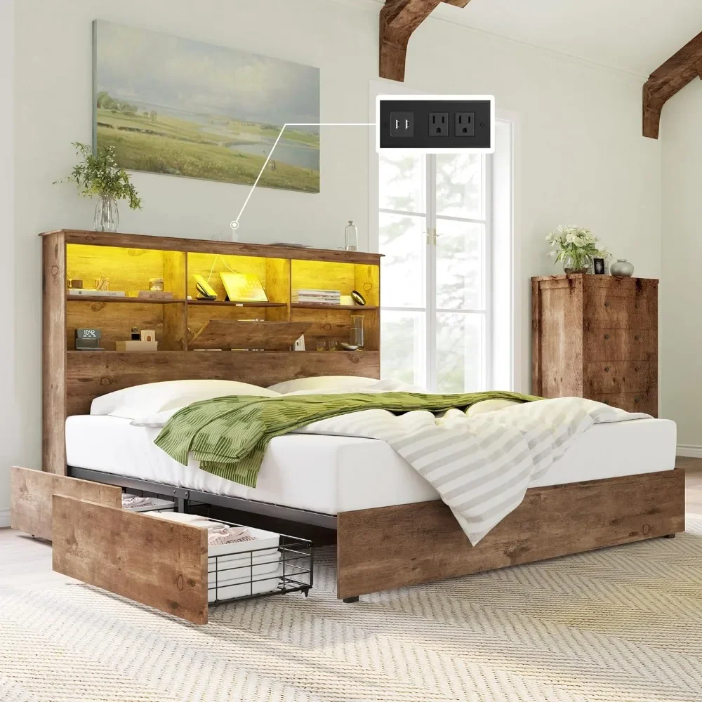 

Queen Size Bed Frame Wooden Platform Bed with 51.2" Storage LED Bookcase Headboard, 4 Storage Drawers & Charging Station