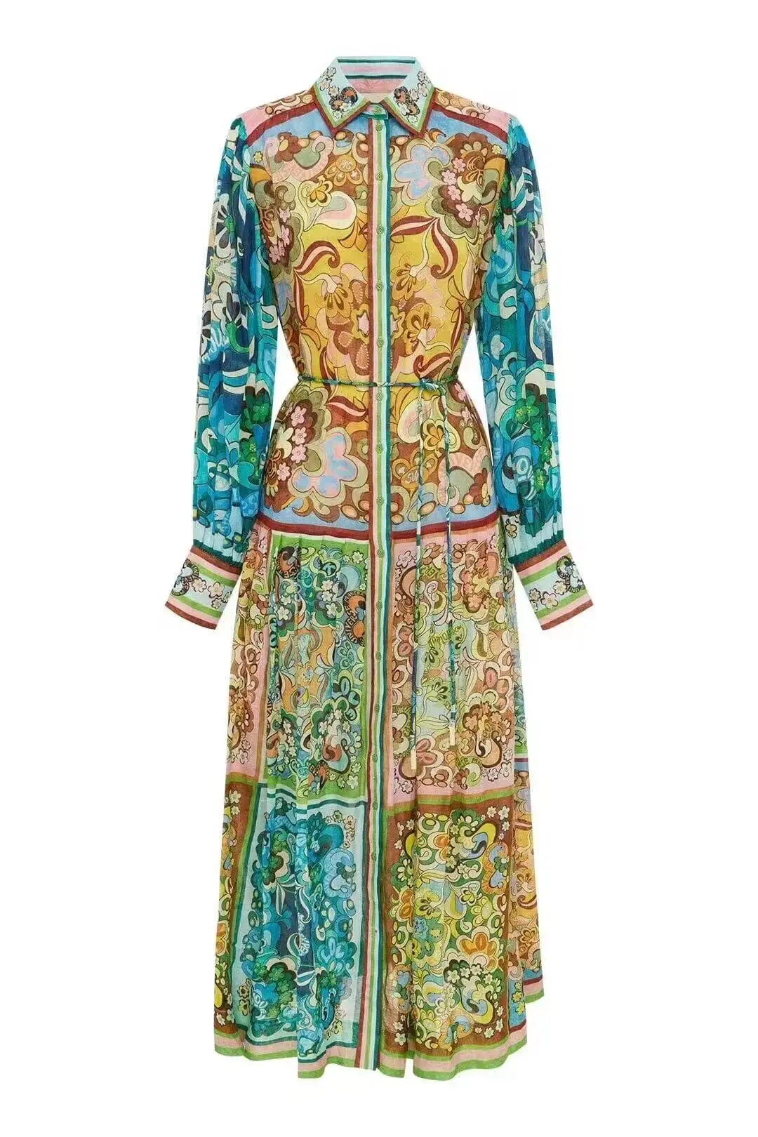 Women Vintage Print Turn-down Collar Long Sleeve Waist Lace-up Ramie Long Dress
Women Vintage Print Turn-down Collar Long Sleeve Waist Lace-up Ramie Long Dress