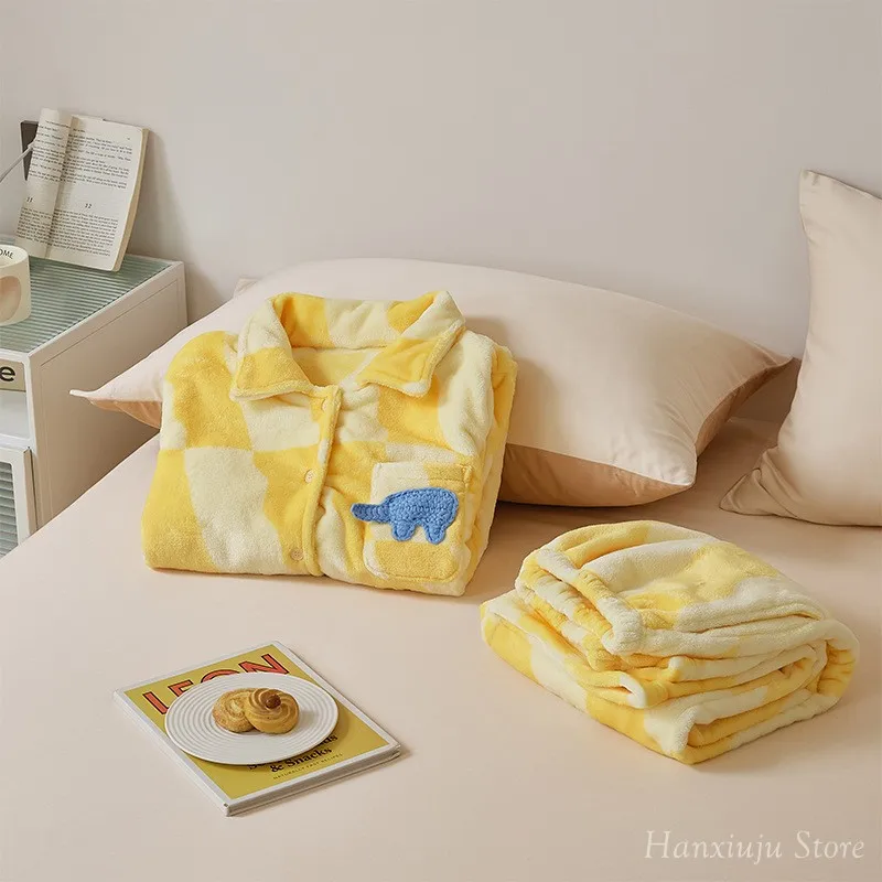 Warm Thick Flannel Casual Women's Pajamas Sets Yellow Color Long Sleeve Sleepwear Suits Winter Autumn Plus Pyjamas 11