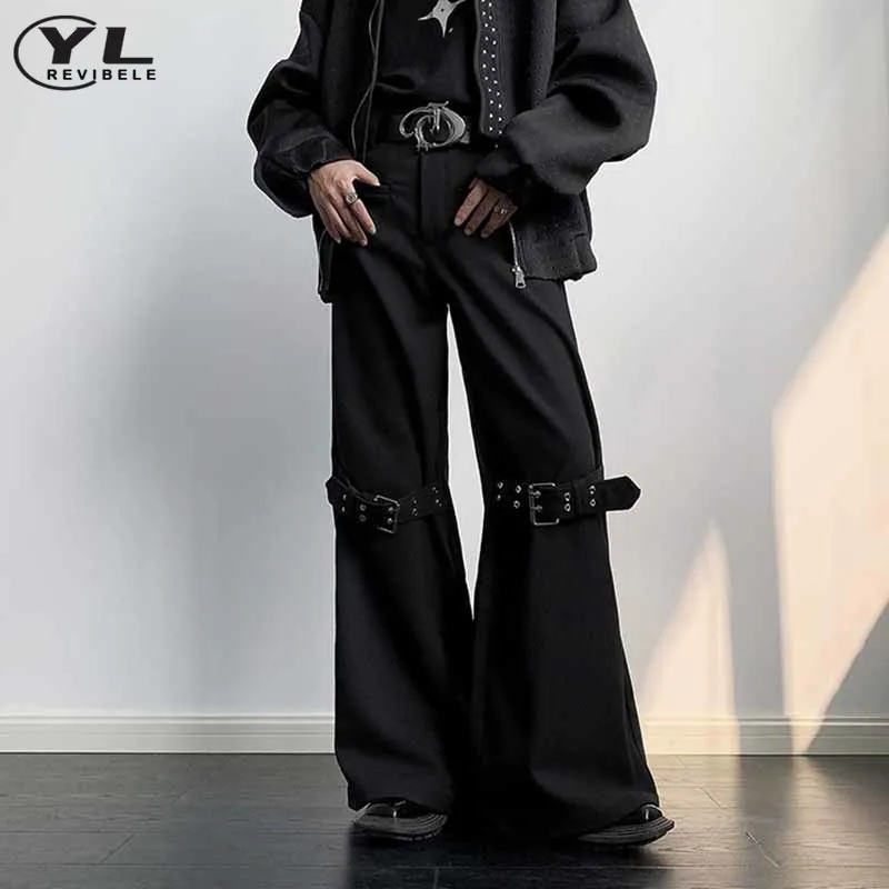 

Belt Buckle Design Suit Pant Men Casual High Street Baggy Wide Leg Micro Horn Pants Male Spring Street Retro Straight Trousers