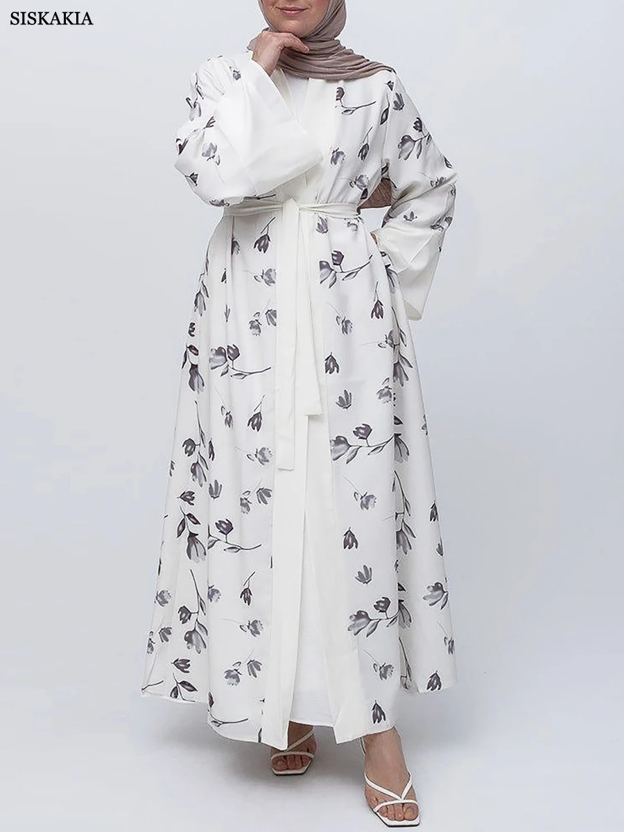 

Siskakia Kimono Abayas Floral Belted Dresses Saudi African Party Clothing Moroccan Turkish Women Kaftan Muslim Eid Robe New 2024