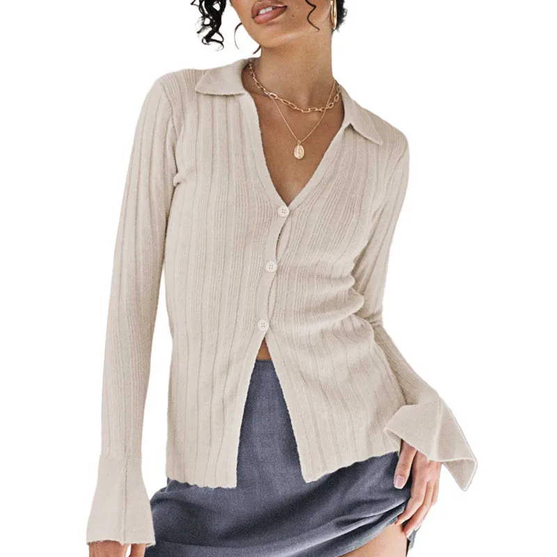 Top Women Fashion V-Neck Cardigan Sweater Spring Autumn Clothes Solid Color Flare Long Sleeve Button Turn-Down Collar Knit Tops
Top Women Fashion V-Neck Cardigan Sweater Spring Autumn Clothes Solid Color Flare Long Sleeve Button Turn-Down Collar Knit Tops