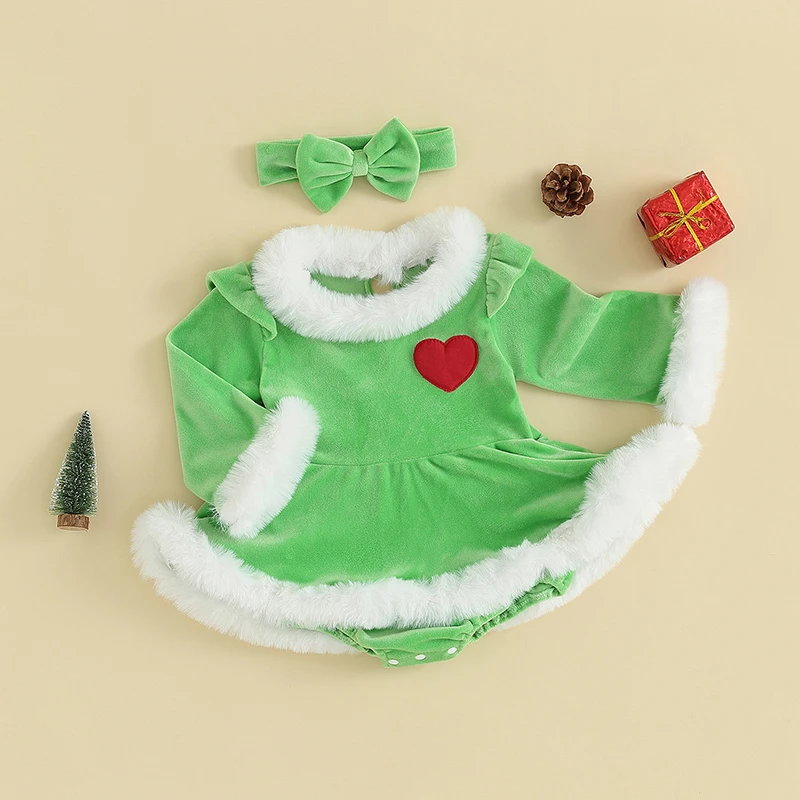 

Рождественский комбинезон для маленьких девочек, платье принцессы с юбкой-пачкой, костюм зеленого Монстра, боди с длинным рукавом и повязкой на голову с Сантой