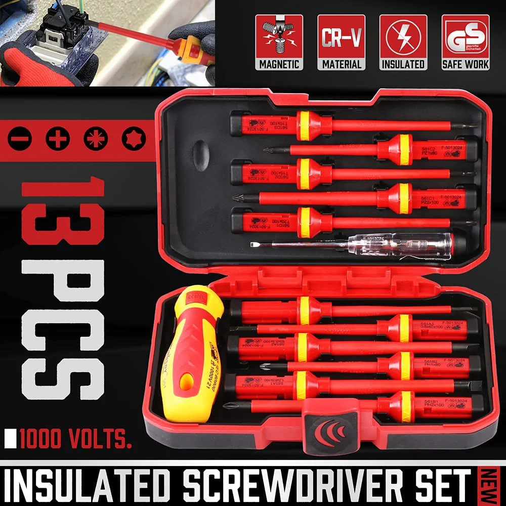 

13Pcs Electrician Repair Tools Kit 1000V Changeable Insulated Screwdrivers Set with Magnetic Slotted Phillips Pozidriv Torx Bits