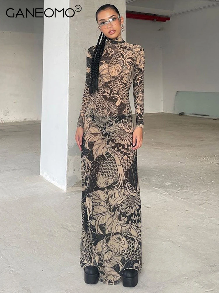 

Women 2023 Autumn Winter Long Sleeve Mesh See Through Streetwear Bodycon Long Dress Elegant Printed Maxi Dresses Wholesale Items