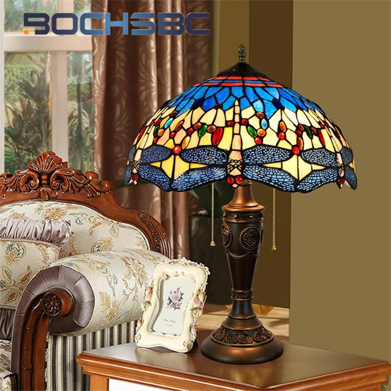 

BOCHSBC Tiffany Mediterranean-style blue Dragonfly stained glass table lamp Art Deco living room Study bedroom Bedside light