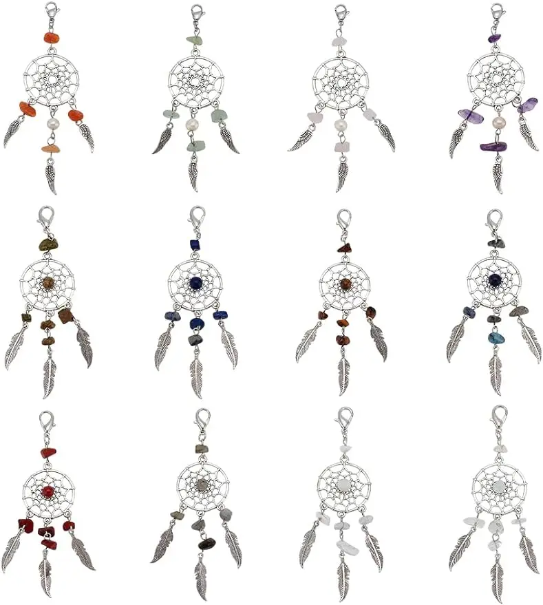 

20Pcs 2Styles Dreamcatcher Charms Natural Gemstone Freshwater Pearl Embellished Keychain Pendants Woven Net with Feather Charms