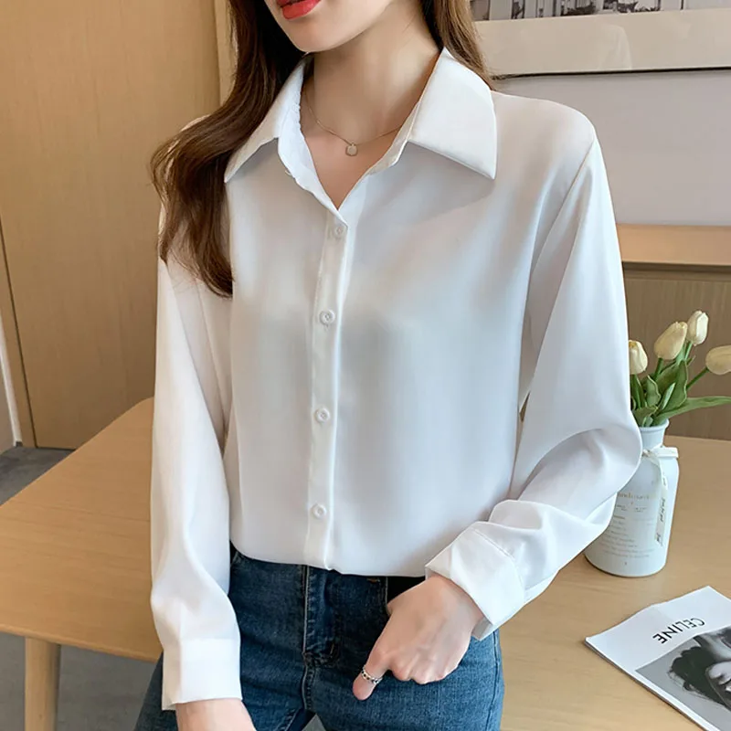 

Buttoned Shirts for Women 2022 Blusas Femininas Elegantes Chiffon Long Sleeve Blouse Simple Tops Ladies White Black Spliced