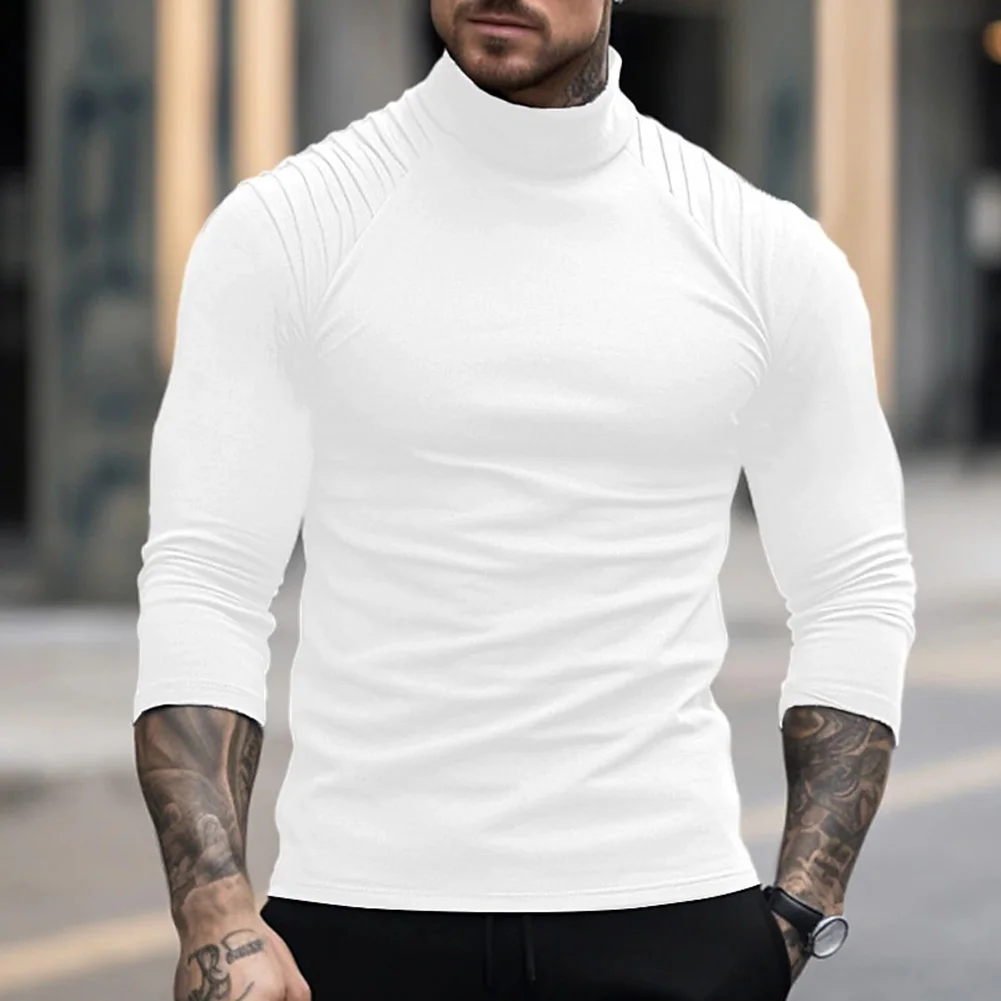 

Модная мужская одежда, футболки, джемпер с высоким воротником, пуловер, однотонные топы с рукавами реглан на плечах и складками, футболка для мужчин