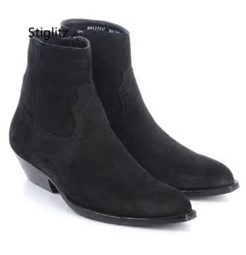 

Western Cowboy Ankle Boots for Men Pointed Toe Frosted Leather Chelsea Boots Side Zipper Breathable Heightened Men's Shoes