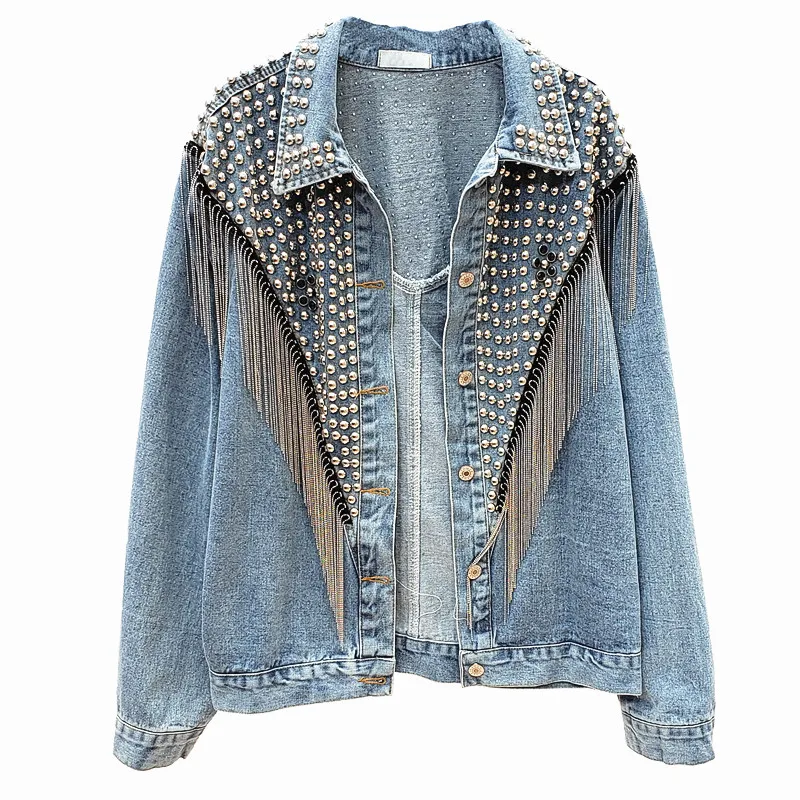 Женская уличная джинсовая куртка Chaquetas, свободная черная короткая джинсовая куртка с заклепками и цепочками, с кисточками, осень 
Женская уличная джинсовая куртка Chaquetas, свободная черная короткая джинсовая куртка с заклепками и цепочками, с кисточками, осень