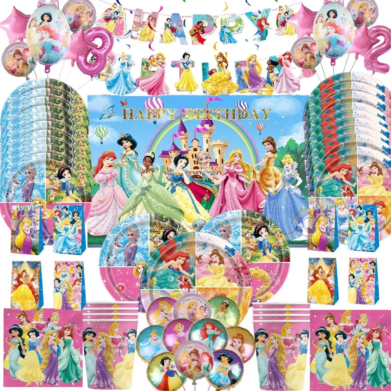 

Disney Princess Happy Girl Child Birthday Theme Party Set Party Supplies Cup Plate Banner Tablecloth Loot Bag Cake Decoration