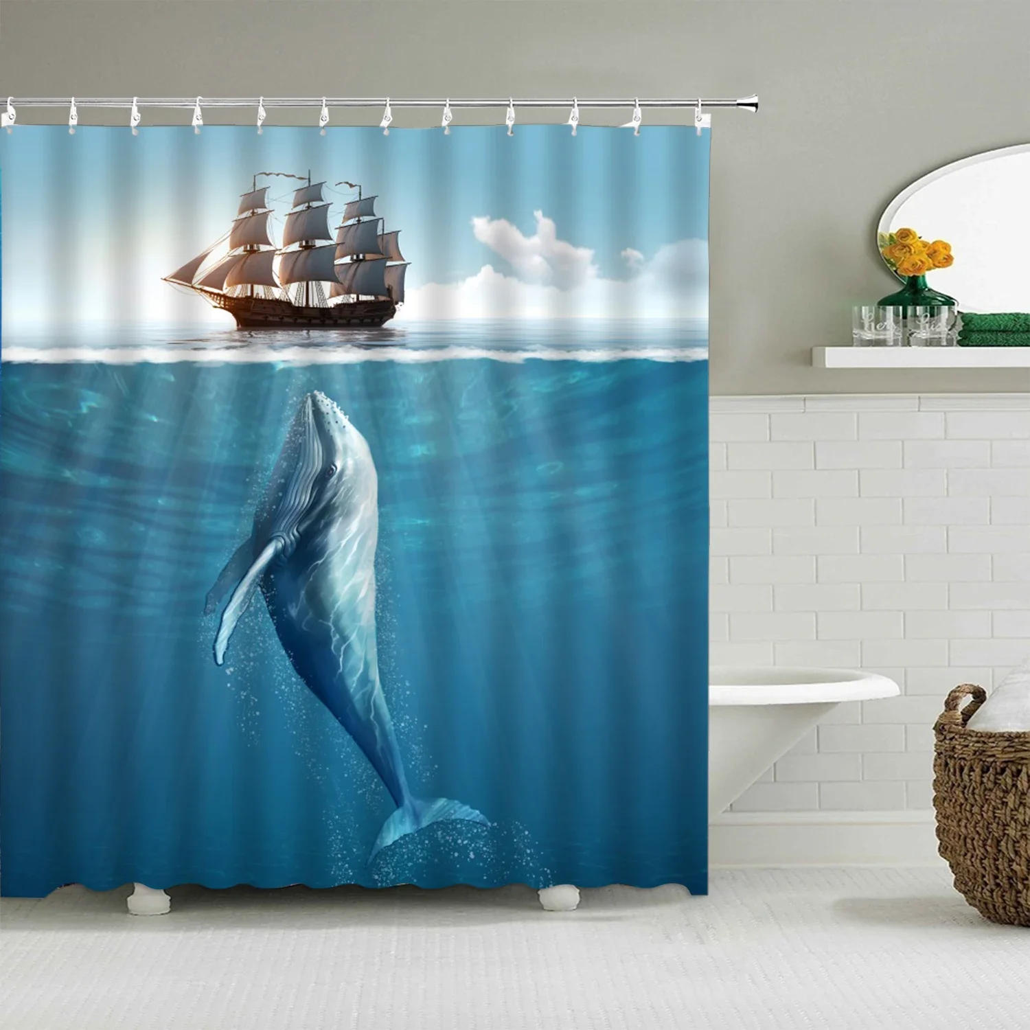 Занавеска для душа с рисунком Кита, декоративная занавеска из полиэстера для ванной комнаты с голубым животным парусником и подводным ландшафтом
Занавеска для душа с рисунком Кита, декоративная занавеска из полиэстера для ванной комнаты с голубым животным парусником и подводным ландшафтом