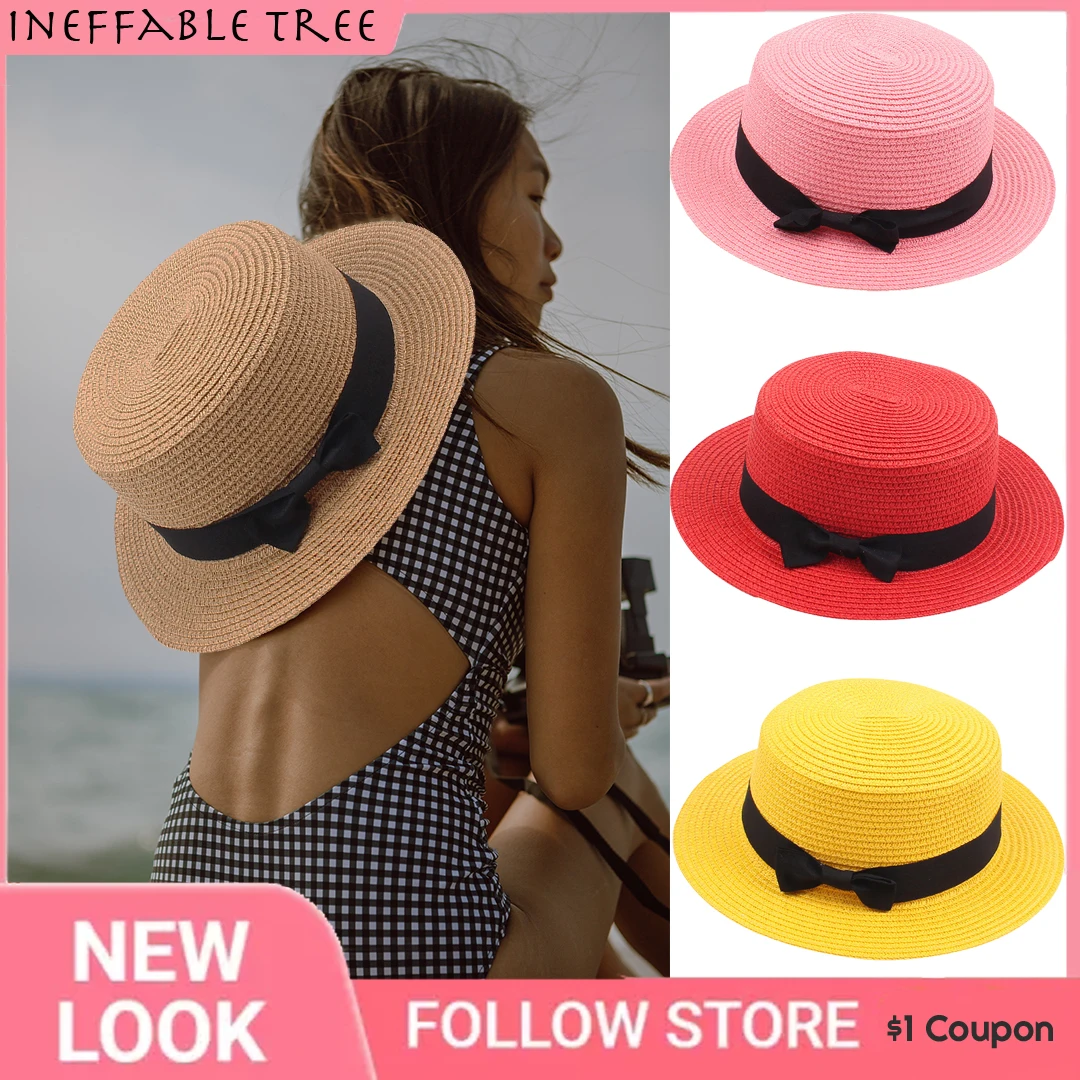 

Summer Simple Beach Hats for Women Men Girl Boy Female Casual Panama Hat Lady Brand Women Flat Brim Bowknot Straw Cap Top Hat