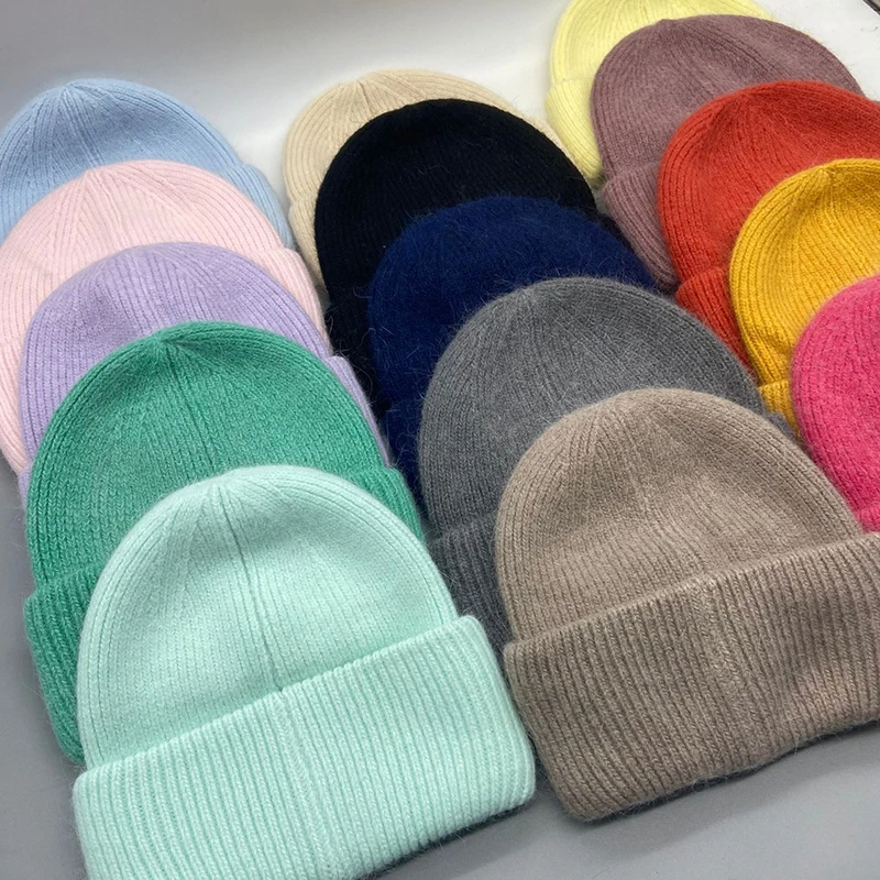 

2023 New Solid Knitted Beanie Hat Winter Rabbit Fur Three-Fold Thickened Hats Fashion Soft Outdoor Sport Warm Couple's Caps