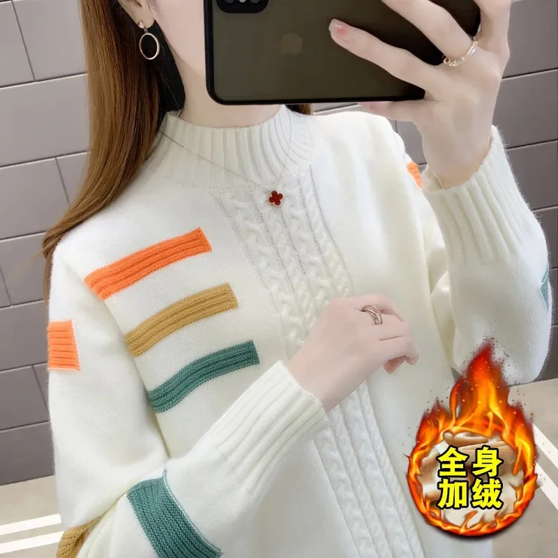 

Autumn Winter 2023 New Sweater Women's Half-High Collar Add Velvet Thick Pullover Ladies Coat Western-Style Bottoming Shirt Tops