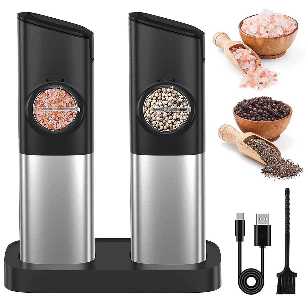 2Pcs Electric Pepper and Salt Grinder with Charging Base USB Rechargeable Pepper Grinder with LED Light Kitchen Accessories
2Pcs Electric Pepper and Salt Grinder with Charging Base USB Rechargeable Pepper Grinder with LED Light Kitchen Accessories