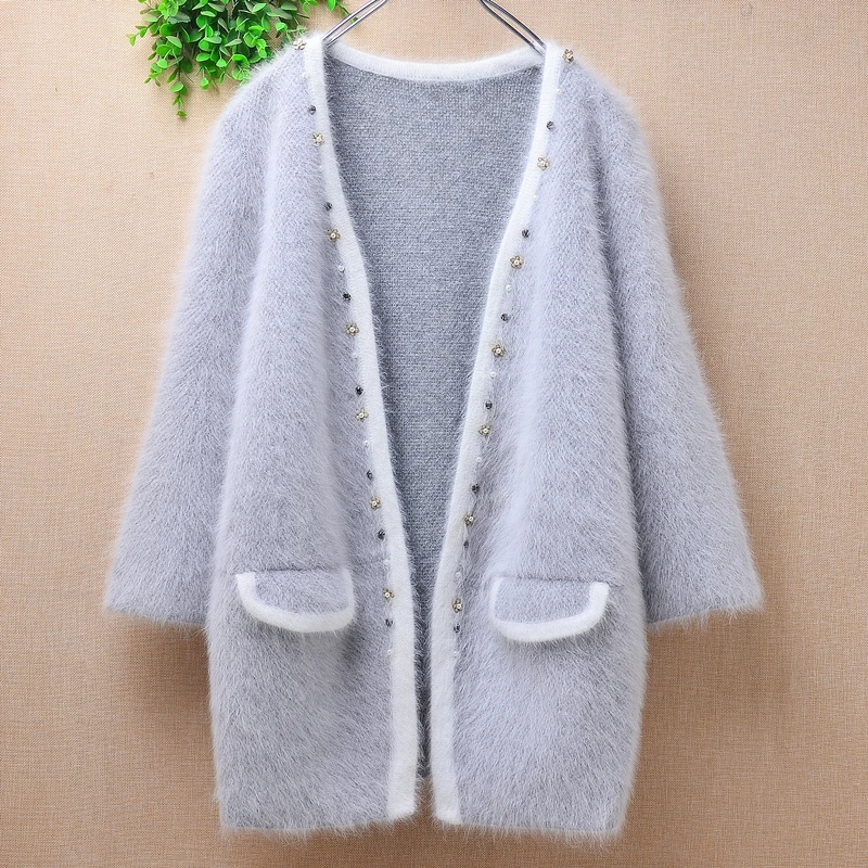 

04 Ladies Women Fall Winter Clothing Hairy Beading Mink Cashmere Knitted Loose Cardigans Angora Fur Jacket Sweater Coat Pull Top