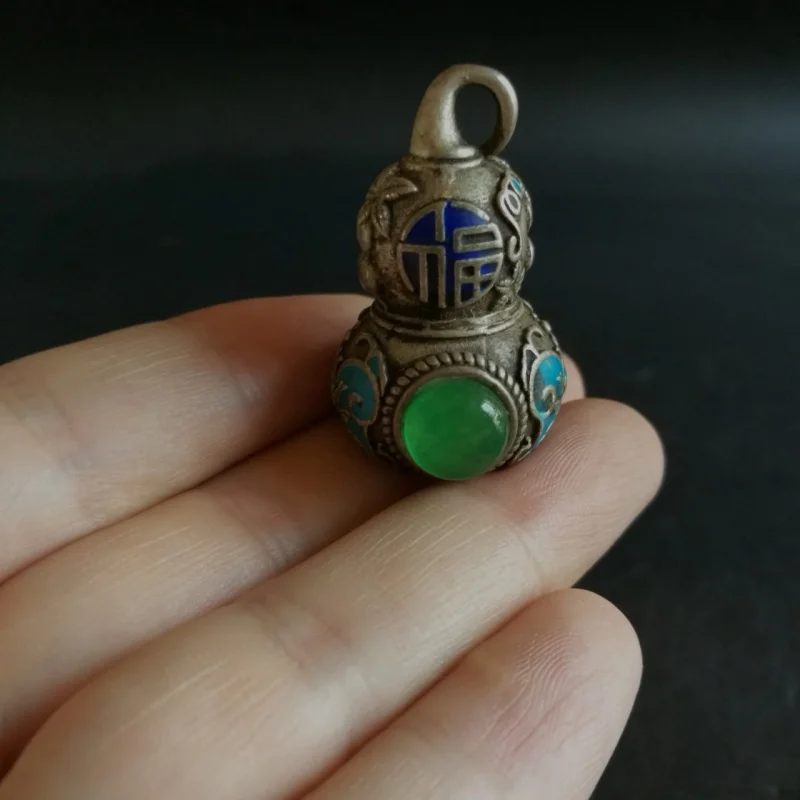 

Vintage Handmade Old Silver Artisan Palace Cloisonne Baked Blue Old Silver Inlaid Jade Calabash Pendent Pendant Antique Collecti