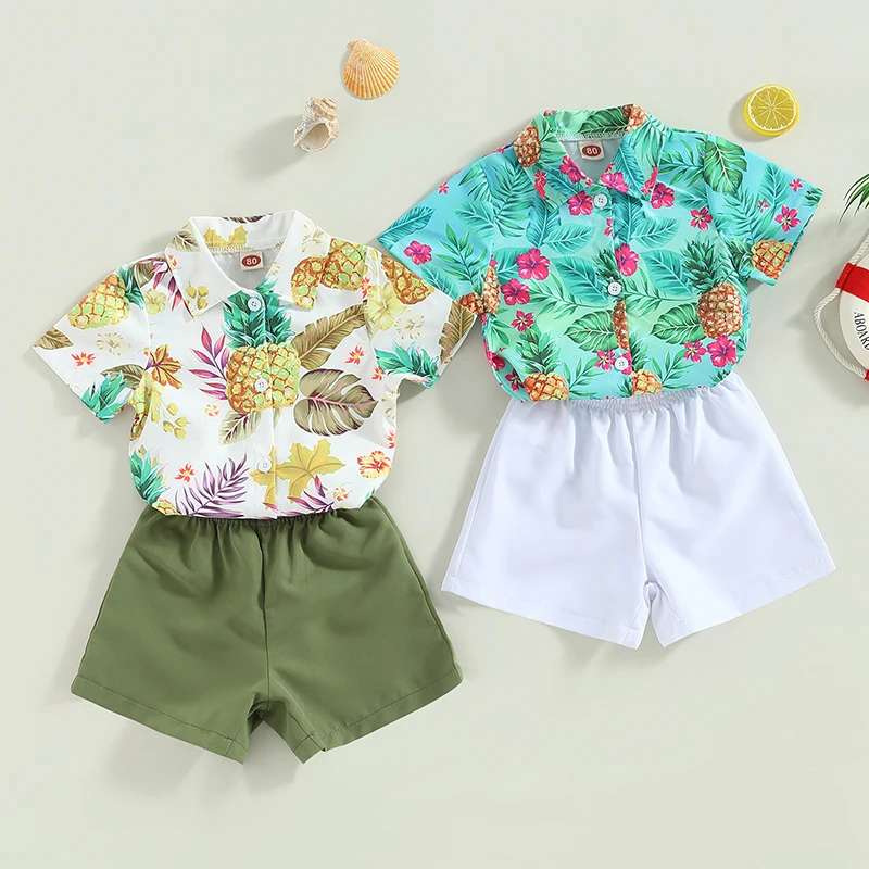 

2023-02-15 Lioraitiin 0-4Years Toddler Baby Boy 2Pcs Summer Outfits Tropical Short Sleeve Button Down Shirt Shorts Set