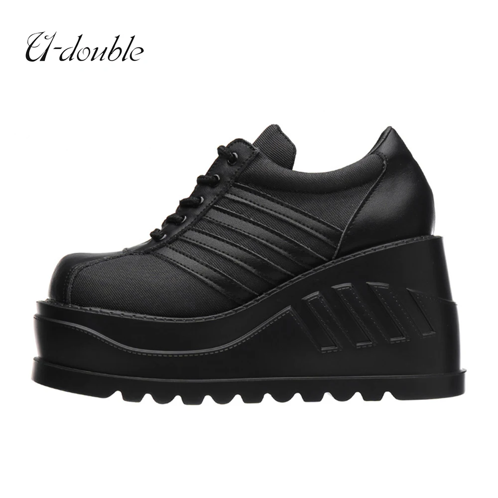 

U-DOUBLE Brand Wedge Thick Bottom Fashion Punk Shoes Woman Fashion Classics Gothic Boots Women Ladies High Platform Flats Black