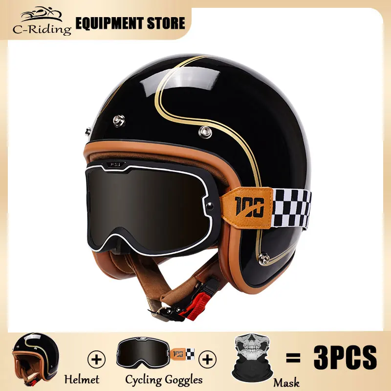 

Open Face Motorcycle Helmet Retro 3/4 Motocross Helmets with Goggles ABS German Style Vintage Jet Helmet Four Seasons DOT