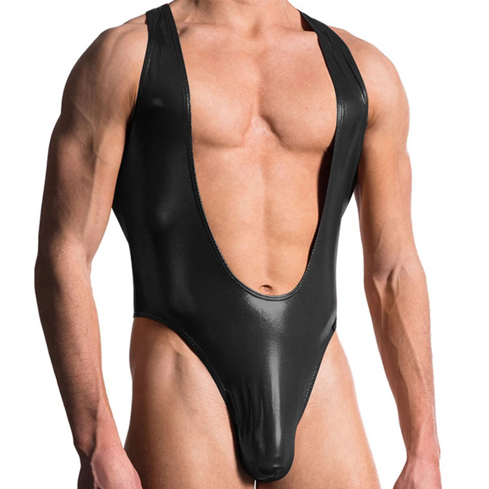 

Men's Sexy PU Leather Wet Look A-shirt Jumpsuit Lingerie Sensual NightClub Romper Bodysuit Jockstrap Slim Tight Dance Clubwear