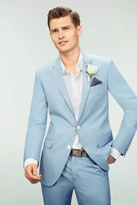 

Sky Blue Summer Causal Wedding Suits for Men Terno Slim Fit Groom Men Suit Custom 2 Piece Gentle Tuxedo Masculino Costume Homme
