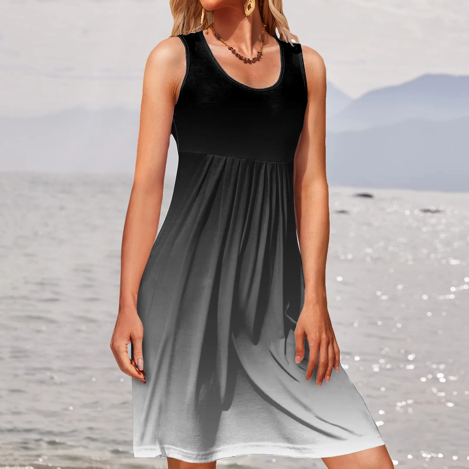 

Casual Loose Vintage Dress Women 2024 Summer Tank Vest Dresses Fashion Draped O Neck Sleeveless Holiday Vacation Beach Sundress