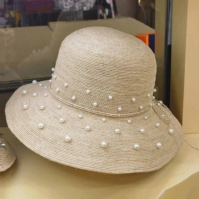 

Women Summer Hat Fine Handmade Raffia Pearls Straw Hats Wide Brim Sun Hat Rhinstone Bucket Hat Derby Elegant Ladies Party Hat