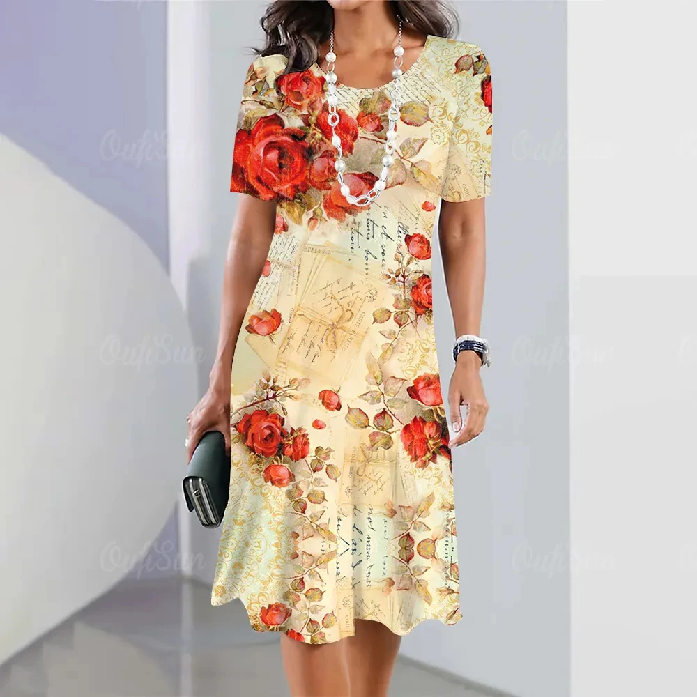Summer Women's Fashion Dress Round Neck Short Sleeve Elegant Knee Length Dress Flower Print Dress Casual Party Loose Fit Dress
Summer Women's Fashion Dress Round Neck Short Sleeve Elegant Knee Length Dress Flower Print Dress Casual Party Loose Fit Dress