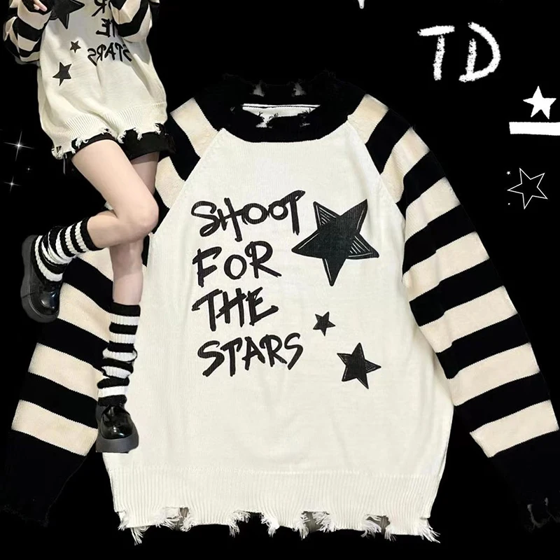 Women's Star Letter Stripe Print Y2K Spring and Autumn Fried Street Top Loose Long Sleeve Perforated Round Neck Sweater
Women's Star Letter Stripe Print Y2K Spring and Autumn Fried Street Top Loose Long Sleeve Perforated Round Neck Sweater