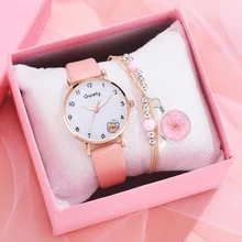 

Gaiety Brand 2pcs Set Bracelet Watch Women Cartoon Bear Pattern Girls Pink Watch Cute Leather Ladies Wristwatches Reloj Mujer