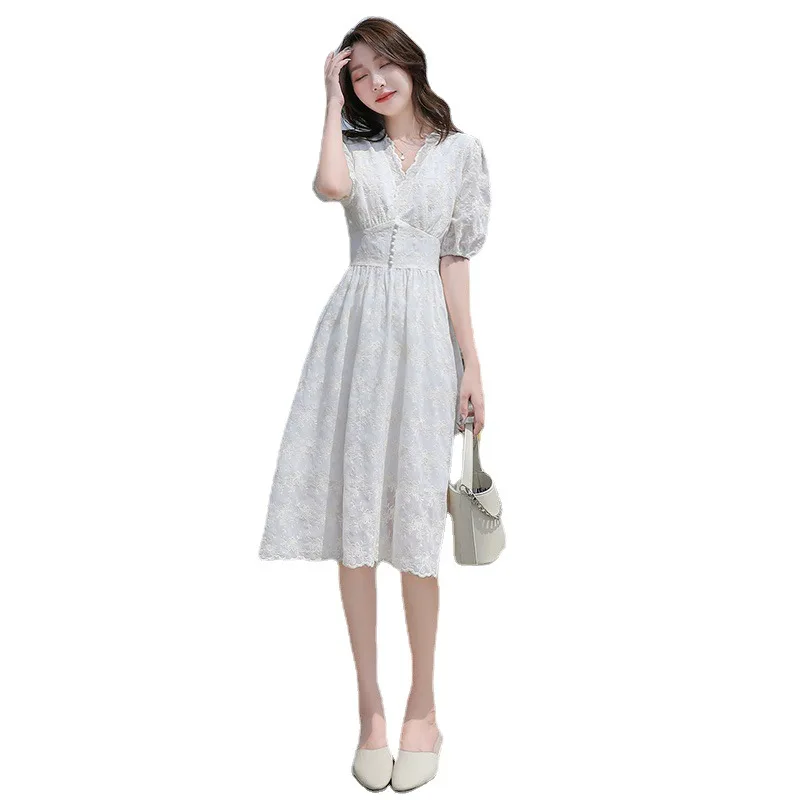 Women's Summer Lace Dress French Chiffon V-neck High Waist Long Skirt 2023 Korean Style New Elegant Midi Dress Office Lady 
Women's Summer Lace Dress French Chiffon V-neck High Waist Long Skirt 2023 Korean Style New Elegant Midi Dress Office Lady