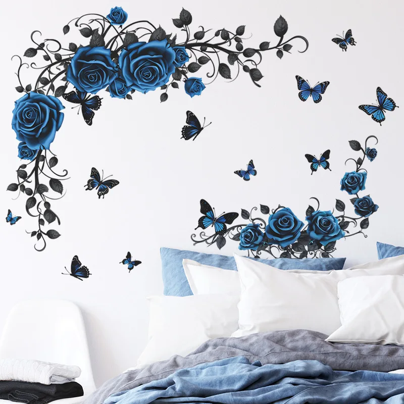 

Синяя Роза бабочка Настенная Наклейка гостиная диван фон Декор для дома роспись цветок Спальня Декор самоклеящиеся обои