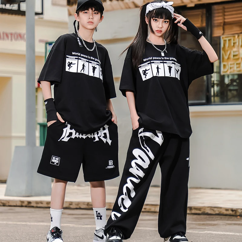 

2024 Kids Black Loose Tops Hiphop Pants Kpop Outfits Girls Jazz Dance Performance Costumes Boys Hip Hop Stage Clothes DQS16203