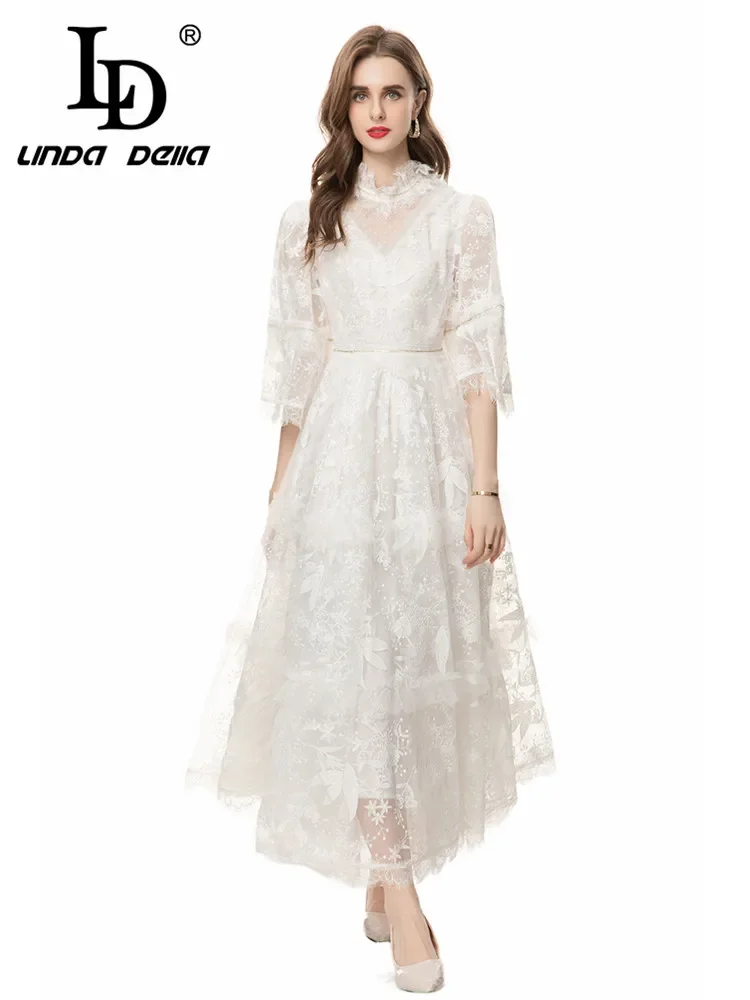 

Женское вечернее платье LD LINDA DELLA, модельное платье из сетчатой пряжи с вышивкой и вырезом, Кружевное облегающее платье ручной работы с жемчугом и бриллиантами, лето
