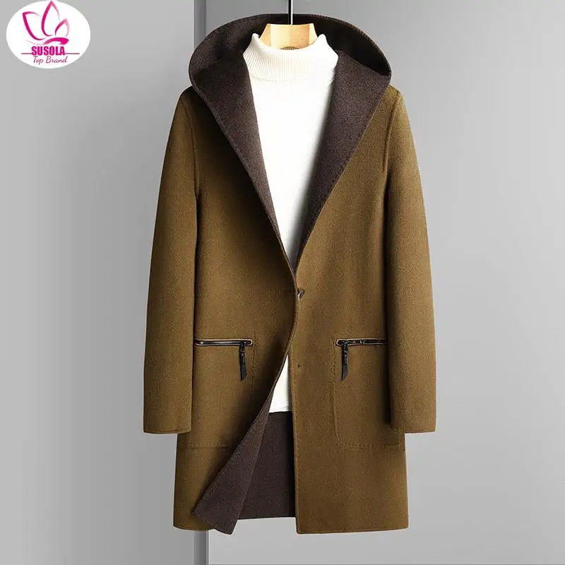 

SUSOLA 2024 Korean Winter Men Cashmare Wool Hooded Overcoat Reversible Wear Design Sheep Woollen Coat Male Elegant Oufits