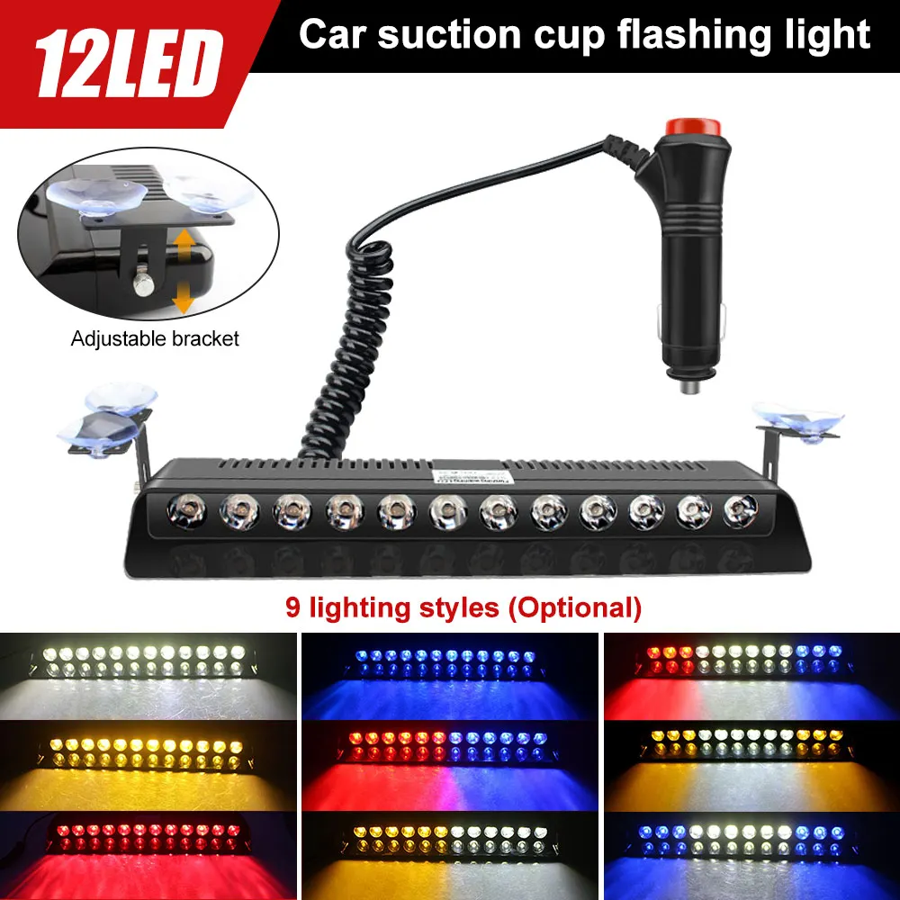 

12LED Car Strobe Lamp White/Red/Blue Signal Lamps Flashing Windshield Hazard Warning Light for Police Volunteer Vehicles Trucks