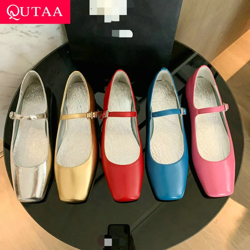 

QUTAA 2024 Women Split Leather Mary Jane Pumps Flat Heels Square Toe Elegant Buckles Casual Shoes Woman Size 34-43