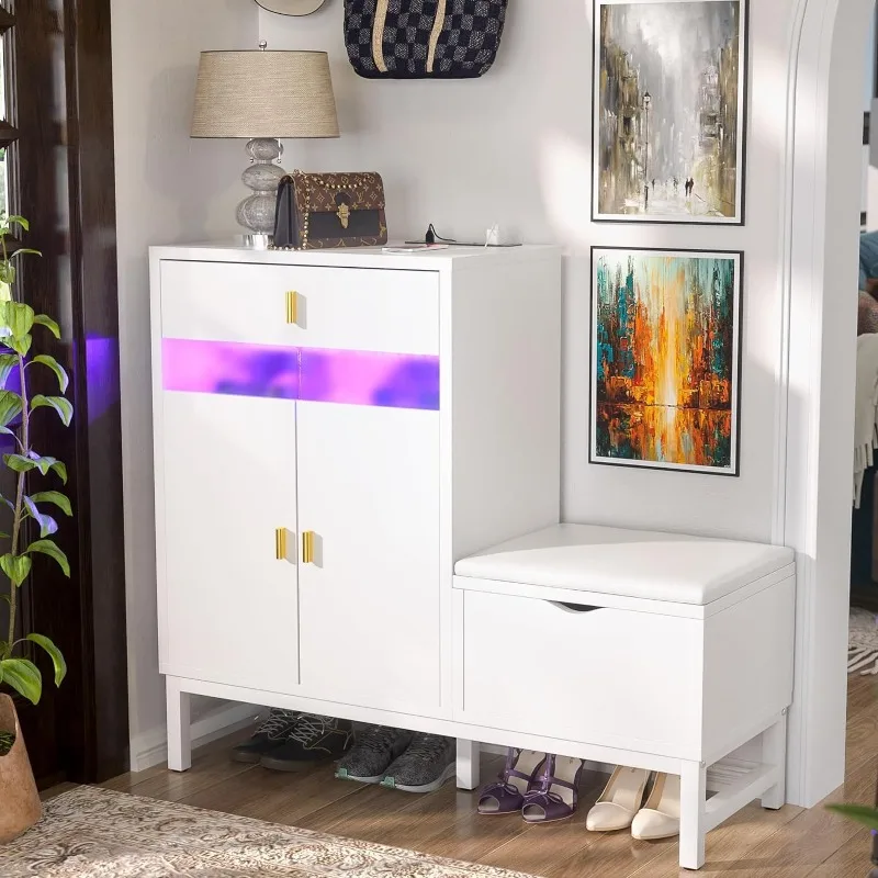 Shoe Cabinet Storage for Entryway - Freestanding Shoe Rack Bench with LED Lights & Power Outlets, Reversible Shoe Storage
Shoe Cabinet Storage for Entryway - Freestanding Shoe Rack Bench with LED Lights & Power Outlets, Reversible Shoe Storage