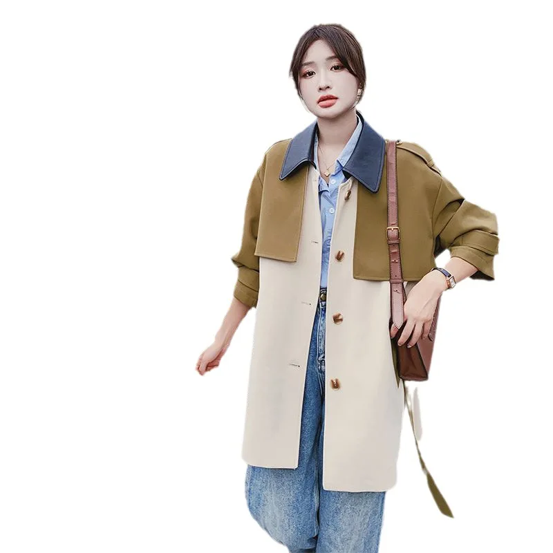 

SuperAen Women's Korean Design Patchwork Windbreaker Jacket Women's Loose Spring and Autumn Contrasting Color Trench Coat