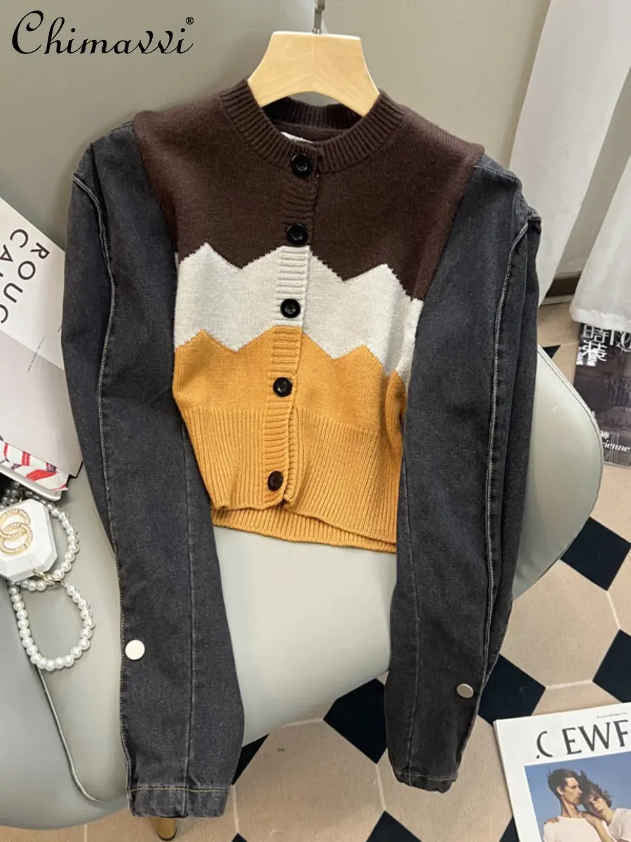 Fall 2022 New Fashion Design Retro Patchwork Denim Long Sleeve Contrast Color Knitted Cardigan for Women Cropped Sweater Coat
Fall 2022 New Fashion Design Retro Patchwork Denim Long Sleeve Contrast Color Knitted Cardigan for Women Cropped Sweater Coat