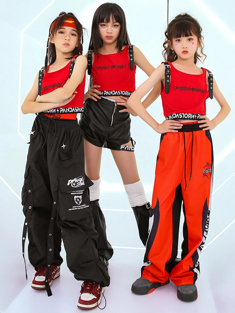 

Girls Jazz Dance Clothes Summer Red Vest T Shirt Kids Hip Hop Performance Costume Catwalk Festival Outfits Stage Wear BL12668