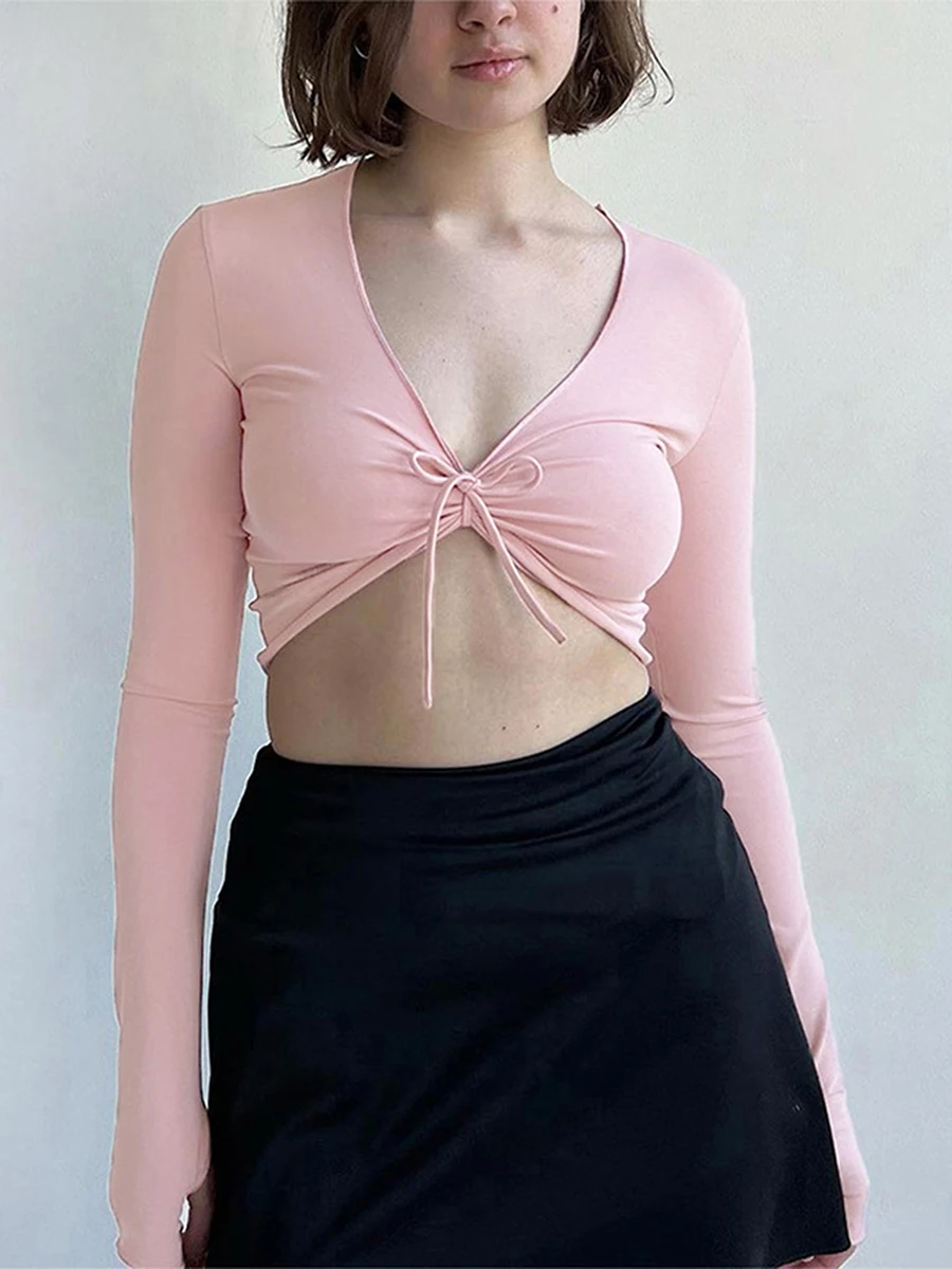 Dourbesty Women Long Sleeve Crop Tops Solid Color V-Neck Tie-Up Casual T-Shirts Spring Fall Slim Fit Shirts Streetwear
Dourbesty Women Long Sleeve Crop Tops Solid Color V-Neck Tie-Up Casual T-Shirts Spring Fall Slim Fit Shirts Streetwear