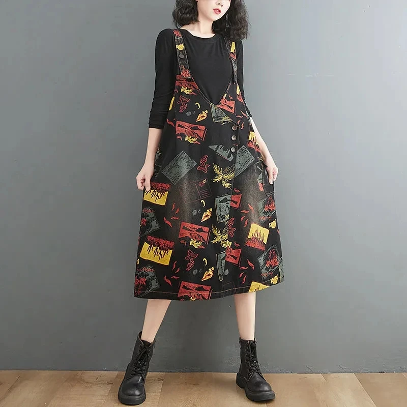 Spring Black Blue Denim Dress Women Flower Printed Jeans Dress Female Buttons Loose Vintage Ladies Midi A-line Suspender Dresses
Spring Black Blue Denim Dress Women Flower Printed Jeans Dress Female Buttons Loose Vintage Ladies Midi A-line Suspender Dresses