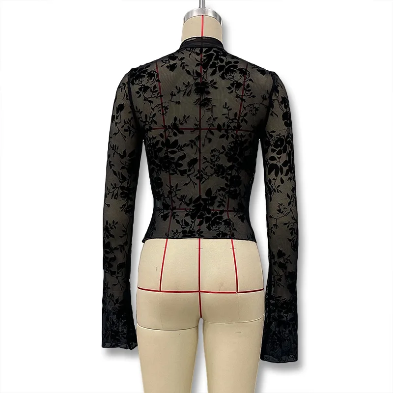Sexy Lace Long Sleeve T-shirt V-neck Floral Print Mesh See Through Crop Top Autumn Fashion Flare Sleeve Slim Base Layer Shirt Sexy Lace Long Sleeve T-shirt V-neck Floral Print Mesh See Through Crop Top Autumn Fashion Flare Sleeve Slim Base Layer Shirt