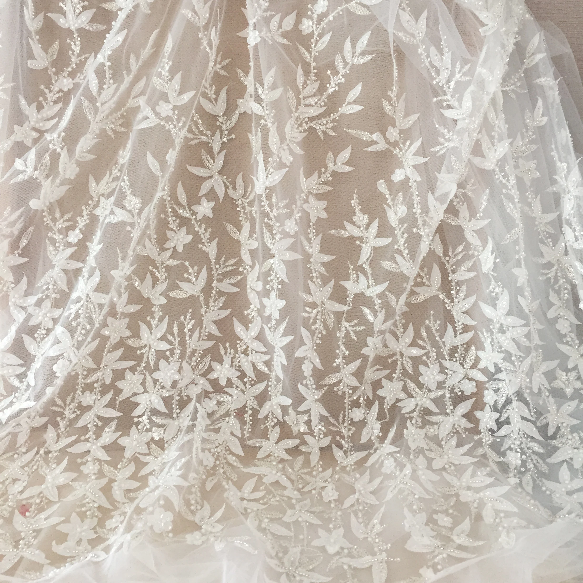 

3D Floral Bamboo Leaf Nail Bead Wedding Dress Lace Fabric DIY Mesh Lace Fabric Sewing Dress RS4095